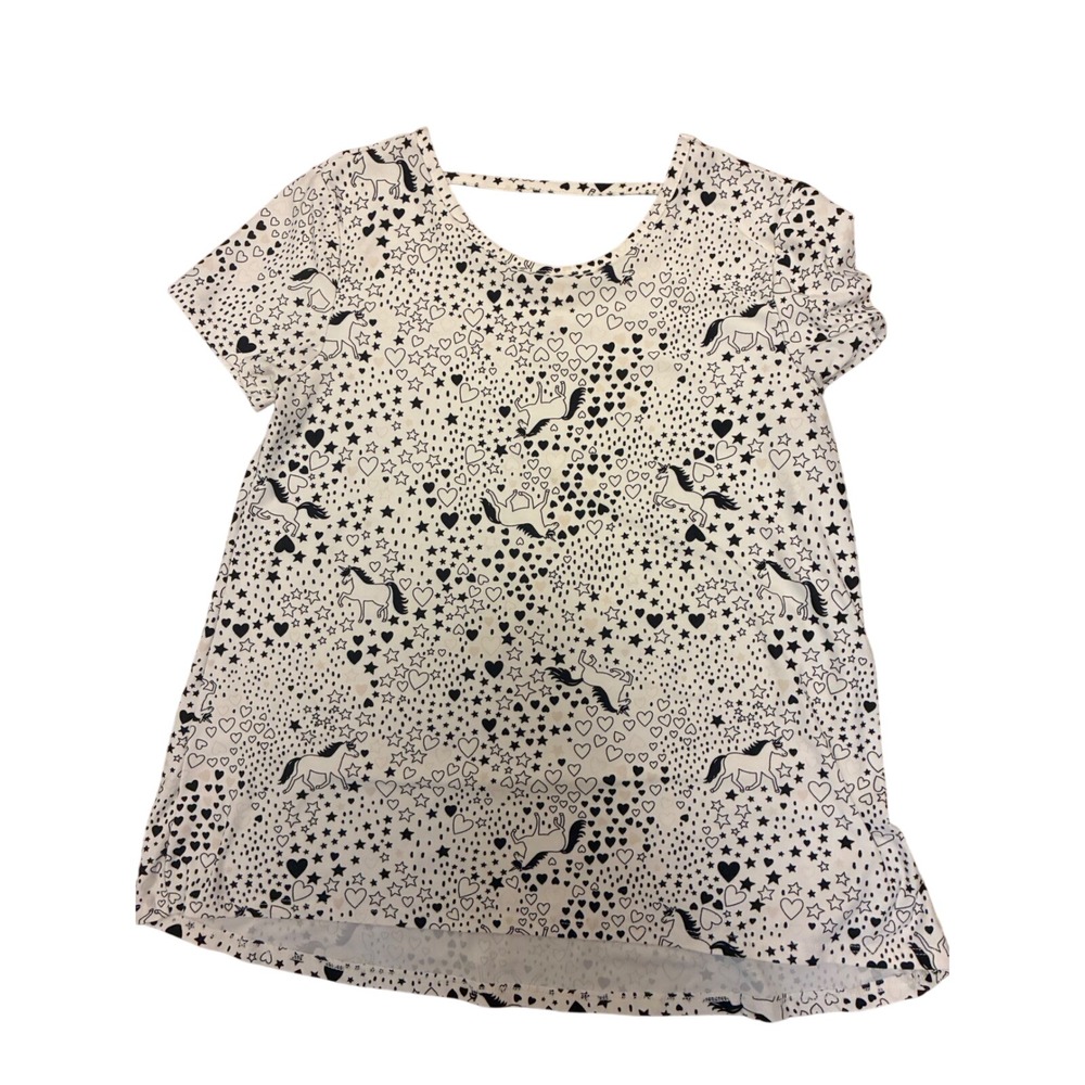 Unicorn Heart Star Print Short Sleeve T-Shirt Black White Back Strap Detail